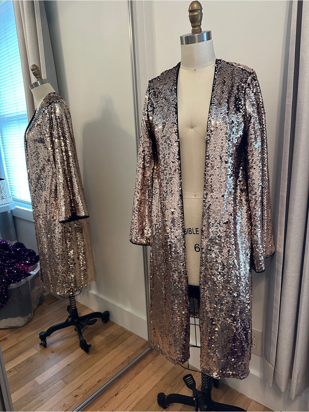 New York & Company Rose Gold Sequin Open-Front Long Robe Duster Kimono